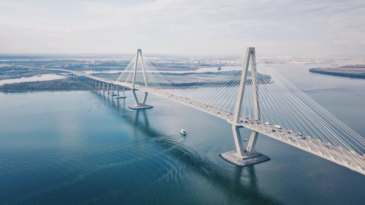 Stunning aerial view of the Arthur Ravenel Jr. Bridge over the Cooper River in Charleston.